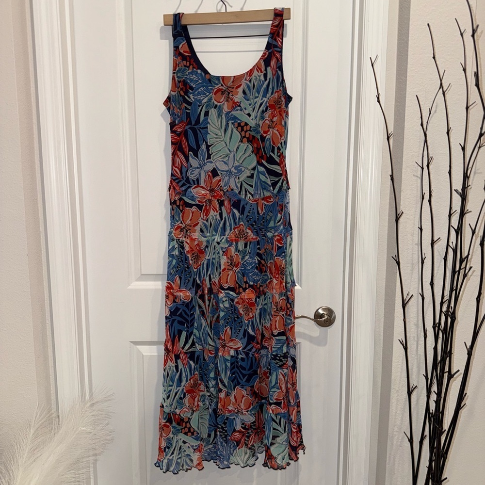 Jones New York Blue and Orange Floral Maxi Dress Size PL